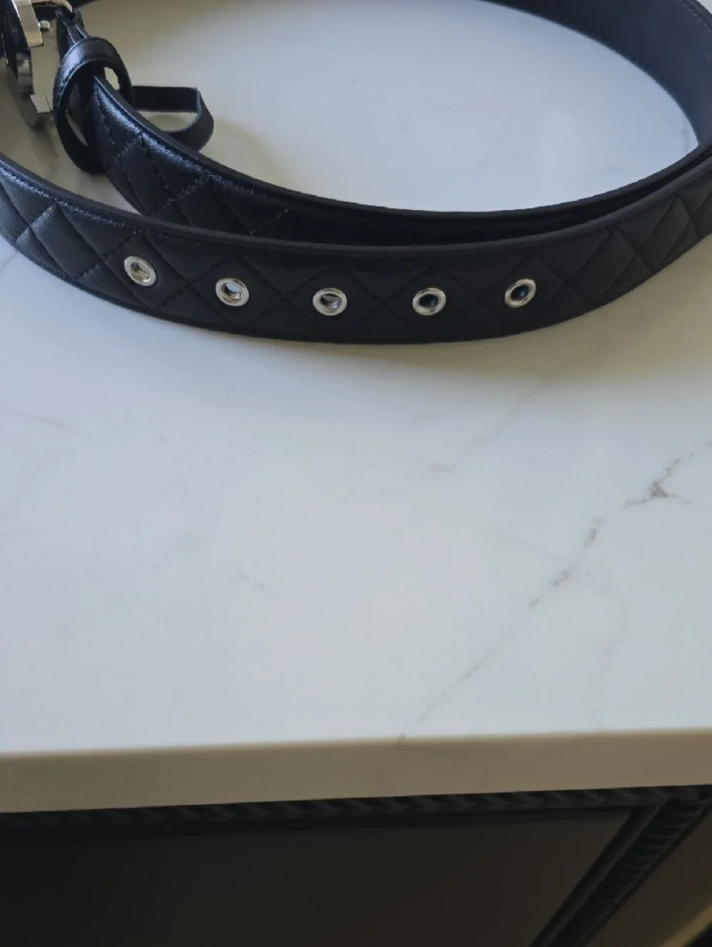 Black Quilted Leather Belt with Silver Interlocking Logo Buckle